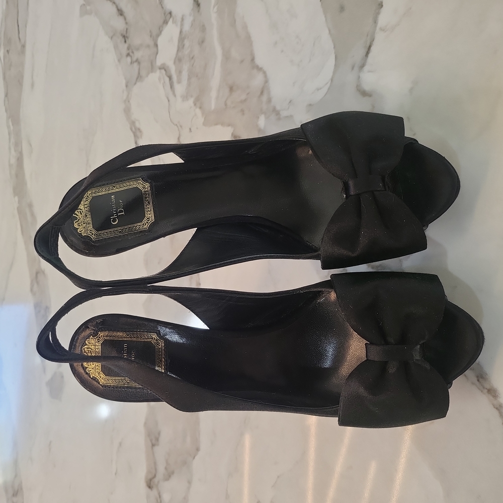 Christian Dior black satin heels with bow